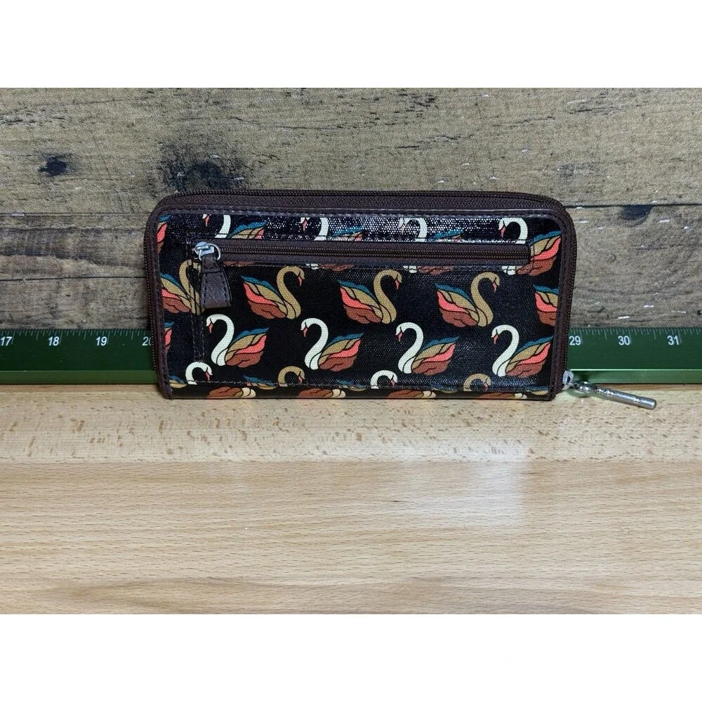 NEW Authentic Fossil Key-Per Brown/Orange Swan Print Card Wallet Fall Colors - Picture 8 of 16
